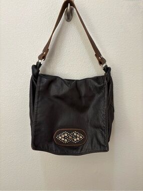 TYLIE MALIBU Dark Brown Leather Gem Studs Purse Handbag Flap Bag 14” Y2K